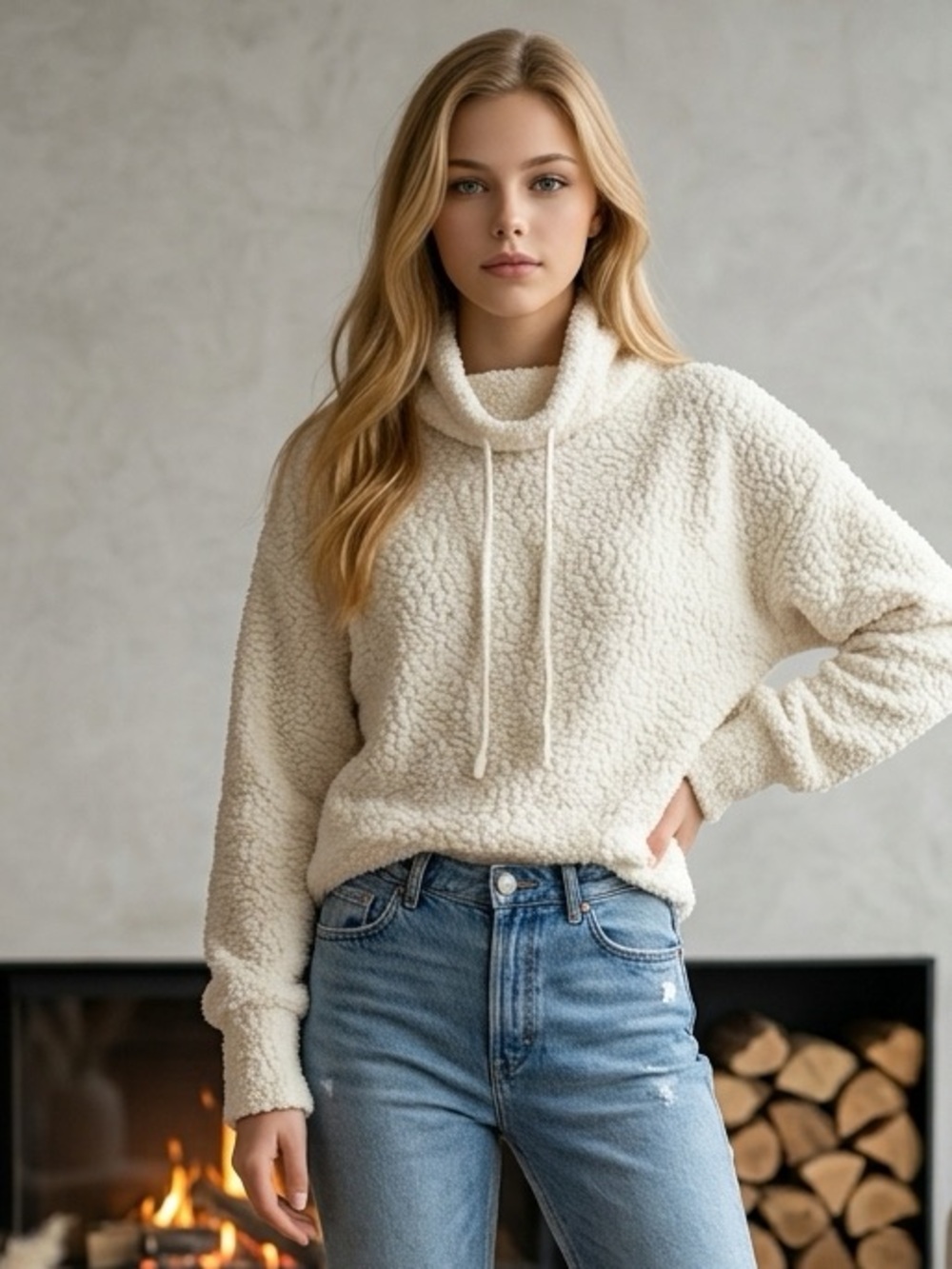 Loft cozy off-white or ivory sherpa fleece pullover with drawstring size XL